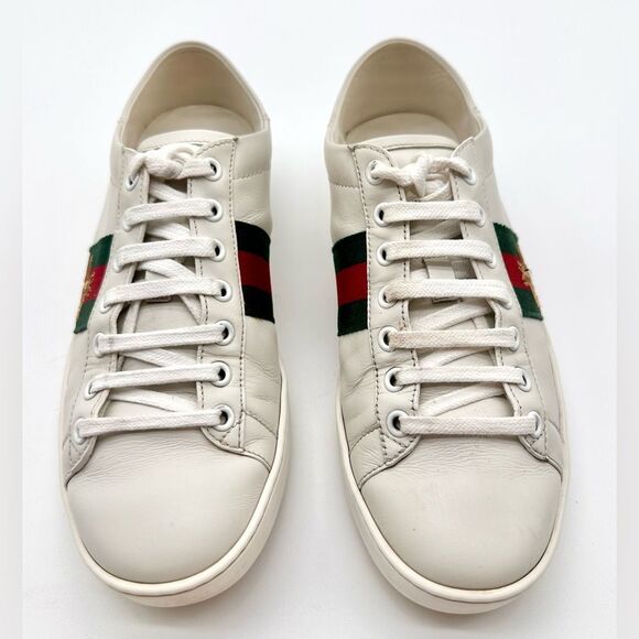 Gucci Ace Sneakers Bee Embroidered White Leather Collapsible Heel EU 38 US 8 - Picture 2 of 11